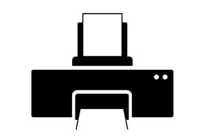 Une icône d'imprimante sur fond blanc, représentant le support en PC informatique.