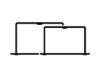 Une image monochrome représentant deux ordinateurs portables Mac sur un fond blanc uni.
